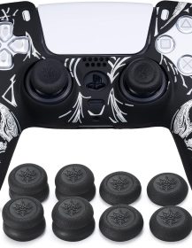 Laser Carving Silicone Skin for PS5 Controller x 1(Skulls White) with Exclusive Thumb Grips x 8